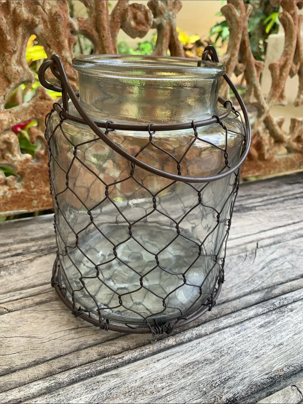 Clear Glass Lantern with Coppery Chicken Wire Cage with Handle